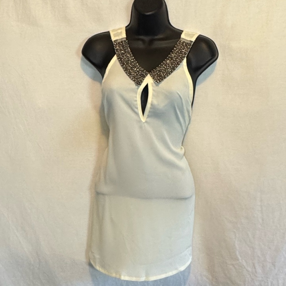 E-108 Xtaren‎ Cream Beaded Collar Cross back Sleeveless Summer Blouse Size S